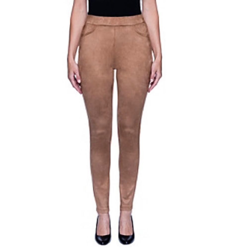 NWT JOAN VASS Sz S Camel Faux Suede Pants Leggings Elastic Waistband w/ Pockets - Picture 10 of 11